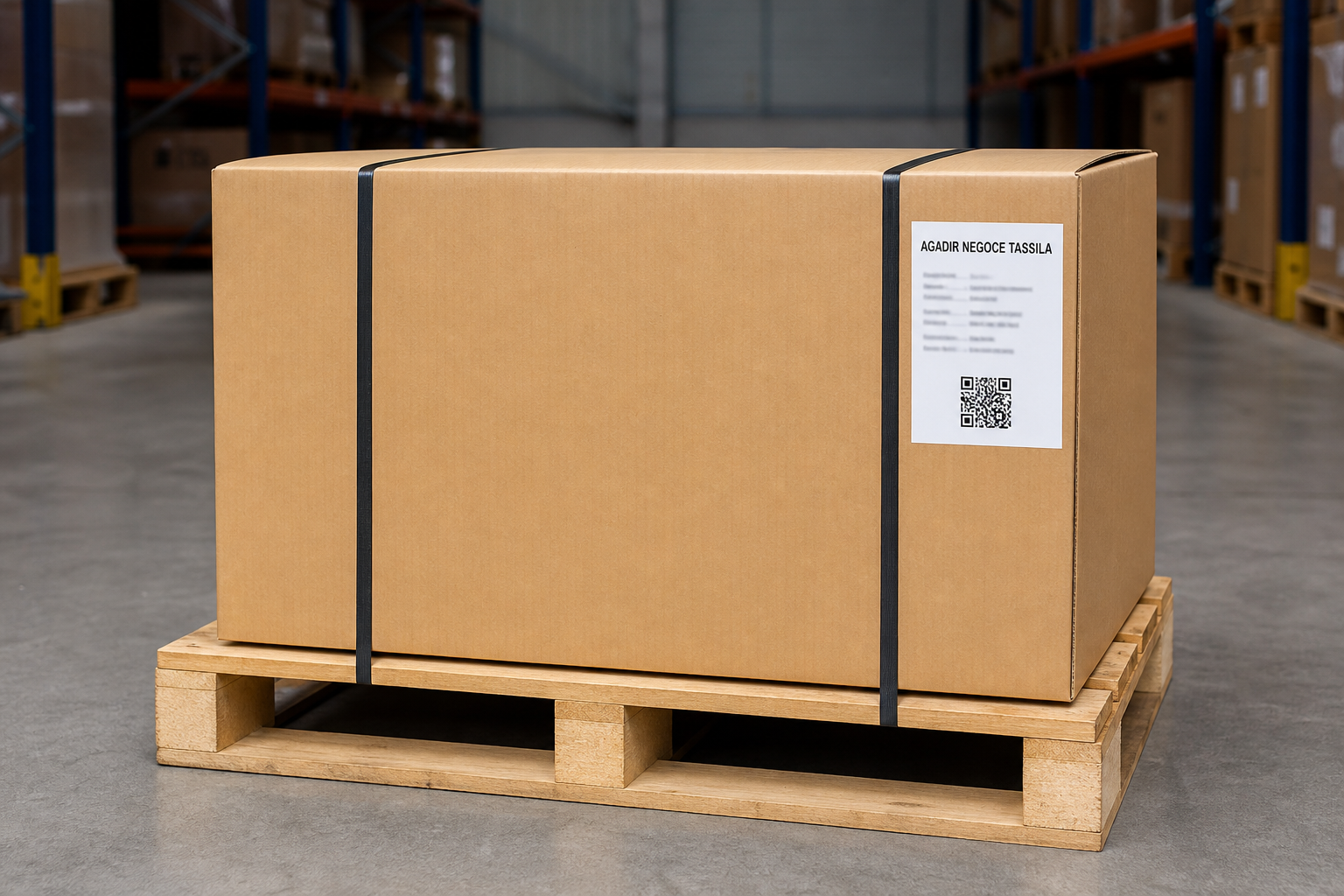 Groupe électrogène industriel d'occasion emballé en carton sanglé sur palette, prêt à expédier