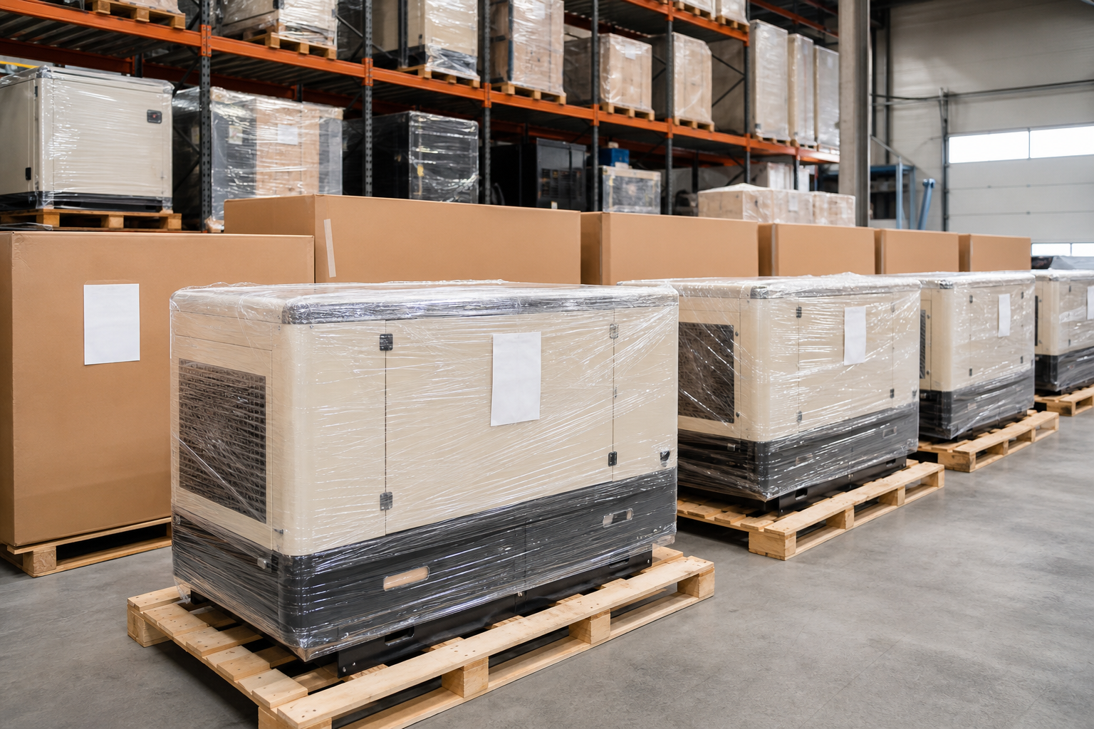 Groupes électrogènes industriels d'occasion emballés sur palettes (carton et film plastique transparent), prêts pour l'export