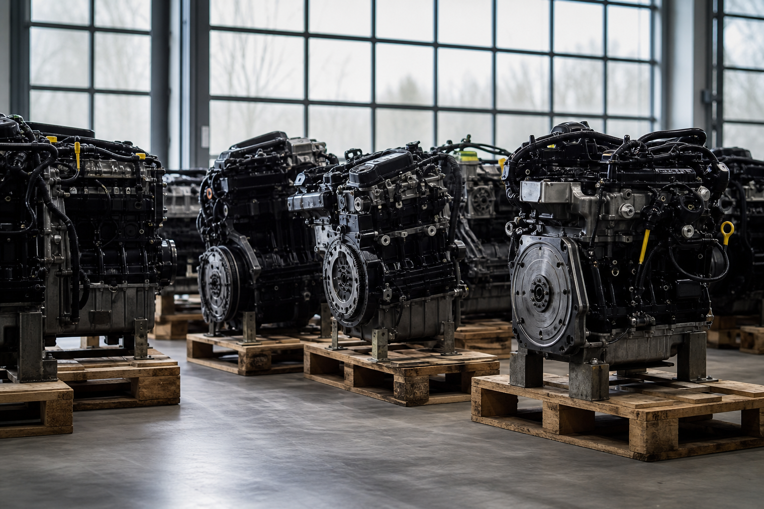 Lot de moteurs diesel d'occasion alignés en atelier