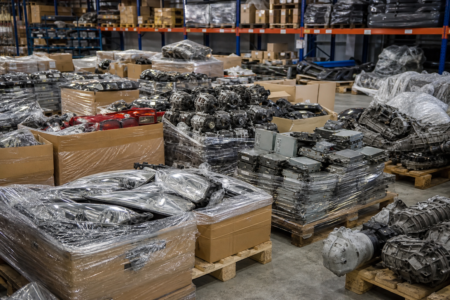 Palettes de pièces détachées auto d'occasion triées par famille en entrepôt logistique